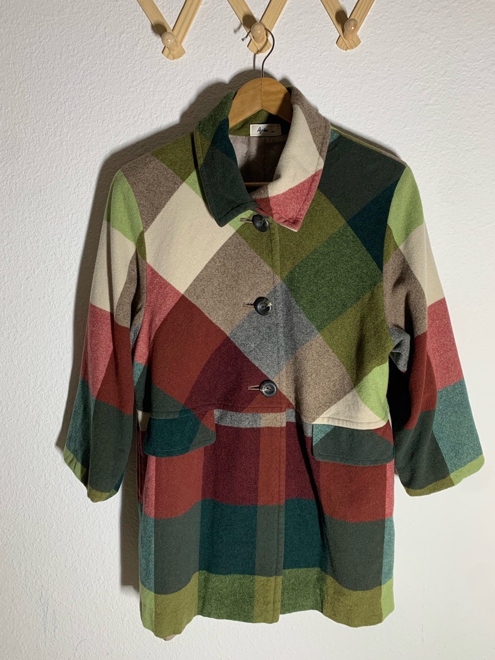 VTG Azrobe Japanese 85% Wool Tartan Colorblock Bold Plaid Wool Coat Jacket 9 4/6